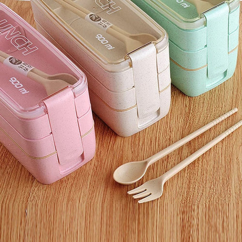 Healthy  Material Wheat Straw Lunch Box 3 Layer Microwave  Japanese Style Food Container with Fork Spoon